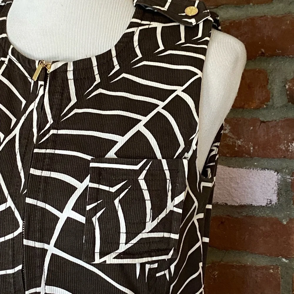 Tory Burch Brown Shift Dress White Leaf Print Sleeveless Corduroy Dress Size 6